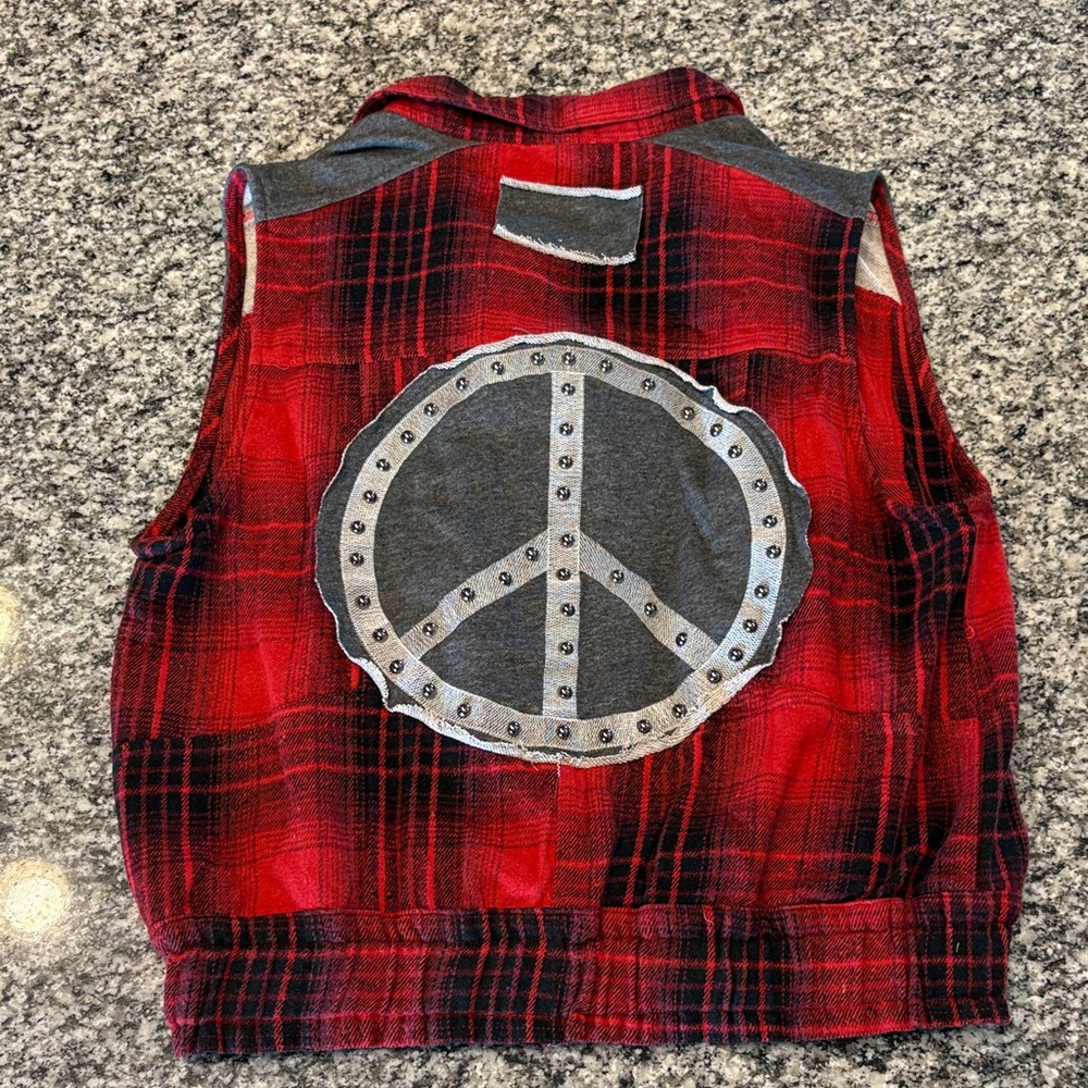 POL Red Plaid Vest with Gray Accents